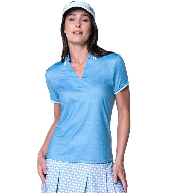 Lucky in Love Linen Notched Collar Womens Golf Polo in periwinkle - partial model front view with white piping on short sleeves and collar
