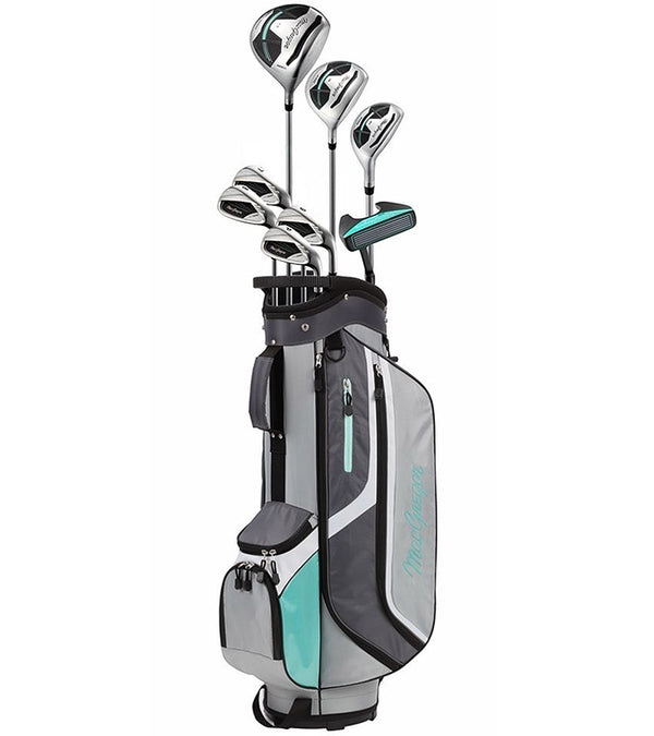 MacGregor Golf CG3000 Womens Golf Clubs Set Cart Bag with 8 clubs in a silver, gray, and aqua color scheme with black details/accents.