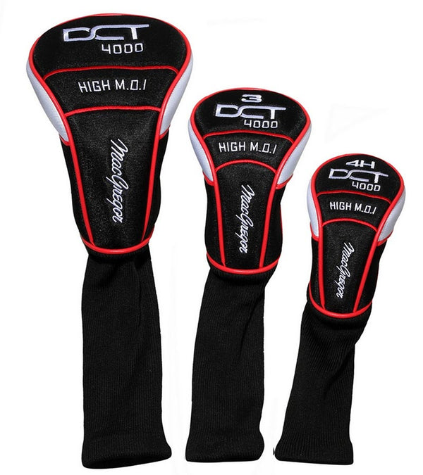 MacGregor Golf DCT4000 Men's Golf Clubs Set - 3 headcovers in black with red and silver details for Driver, Wood, & Hybrid