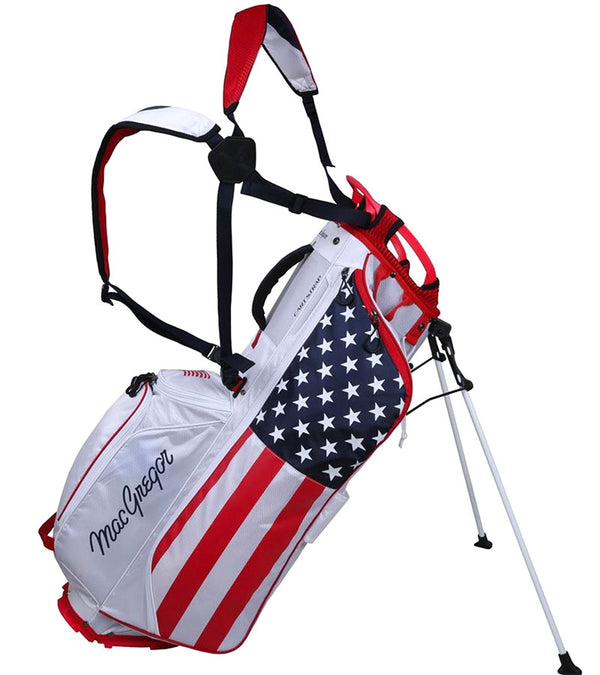 MacGregor Golf Deluxe Golf Stand Bag in a USA Stars and Stripes Flag design- legs extended with harness