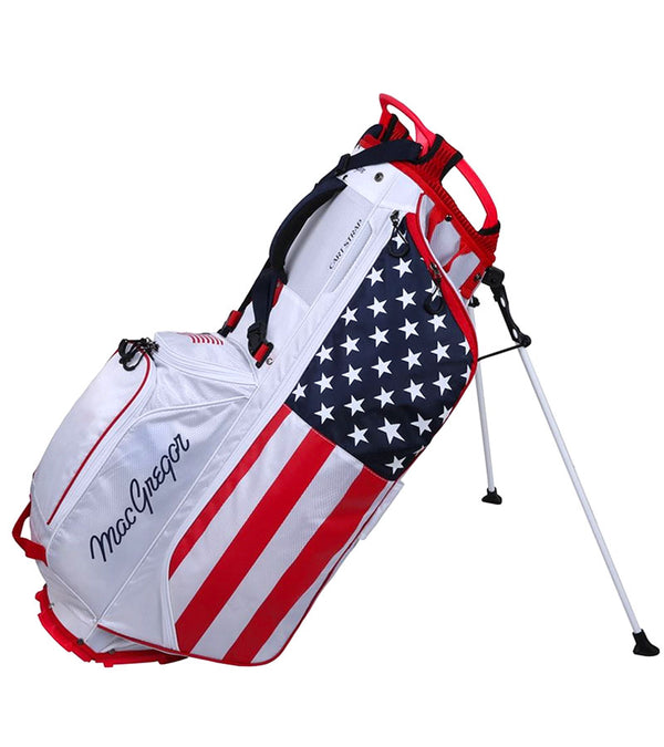 MacGregor Golf Deluxe Golf Stand Bag in a USA Stars and Stripes Flag design- legs extended side 1