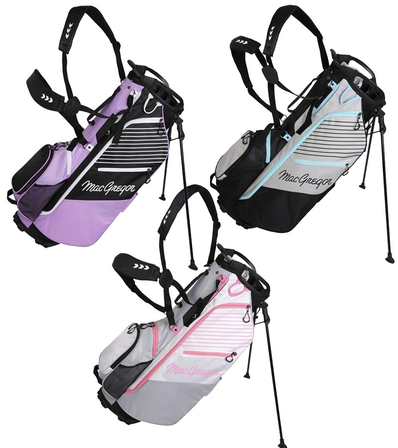 MacGregor Golf: Ladies VIP Stand Golf Bags in 3 color ways Black/Grey/Sky, Blue Grey/White/Pink , Lilac/Black with legs extended and harness