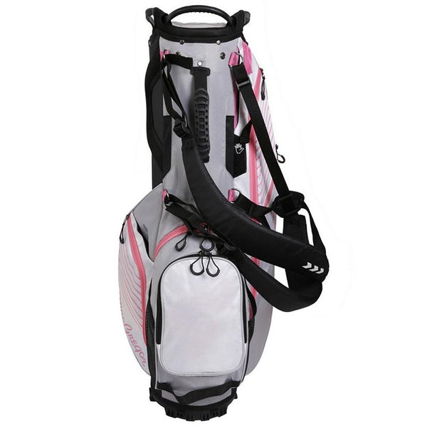 MacGregor Golf: Ladies VIP Stand Golf Bags in Blue Grey/White/Pink - lfront view with dual strap harness