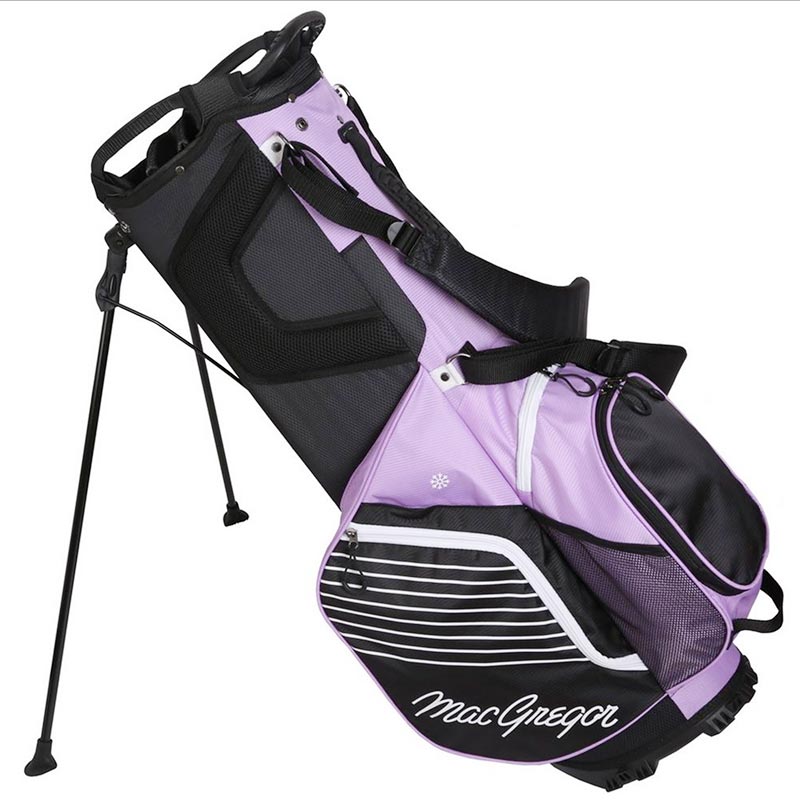 MacGregor Golf: Ladies VIP Stand Golf Bags in Lilac/Black- legs extended side view 2 with dual strap harness