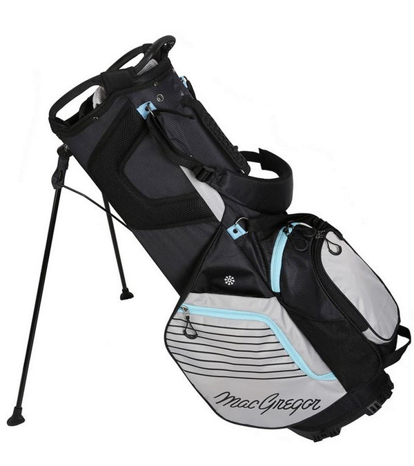 MacGregor Golf: Ladies VIP Stand Golf Bags in Black/Grey/Sky- legs extended  side view 2 with dual strap harness