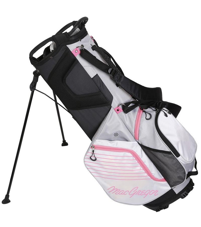 MacGregor Golf: Ladies VIP Stand Golf Bags in Blue Grey/White/Pink - legs extended side view 2 with dual strap harness