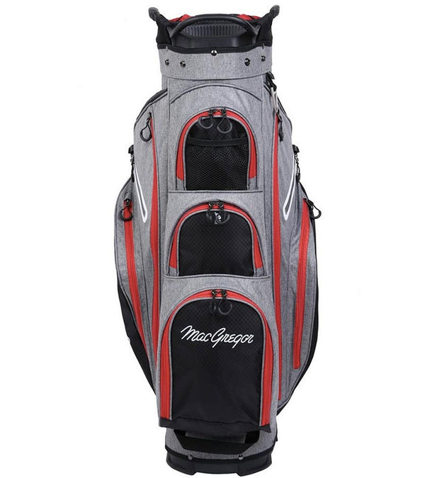 MacGregor Golf Mac 2.0 Heather Cart Bag in heather gray with black, red and white details -front