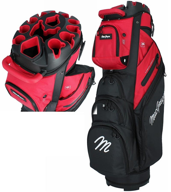 MacGregor MACLOCK Ultimate Divider System Golf Cart Bag - in Black/Red with bag and close-up of the top with 14-way divider system.