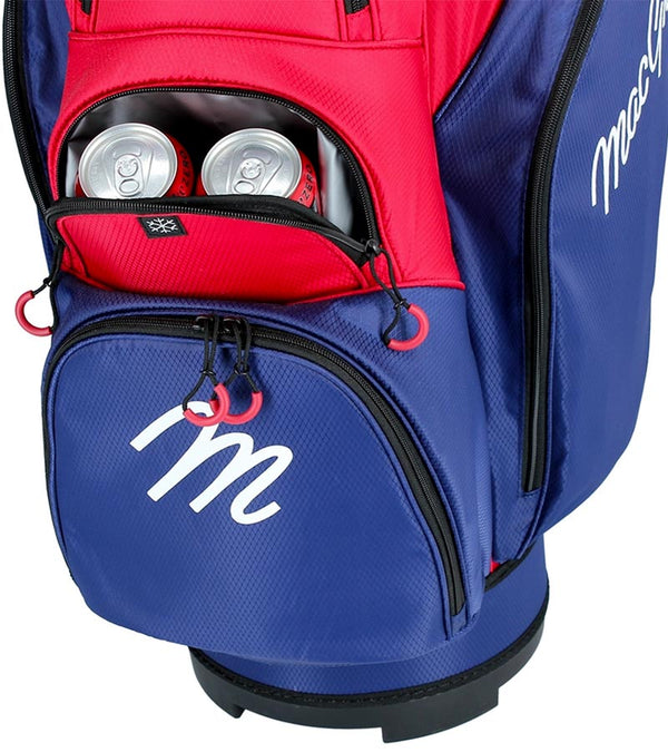 MacGregor MACLOCK Ultimate Divider System Golf Cart Bag - in patriotic red and blue with black accenst and white lettering -detail of insulated drink pocket