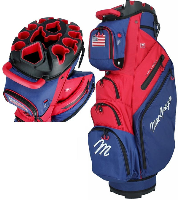 MacGregor MACLOCK Ultimate Divider System Golf Cart Bag - in patriotic red and blue with black accenst and white lettering -bag and close-up of the top with 14-way divider system.