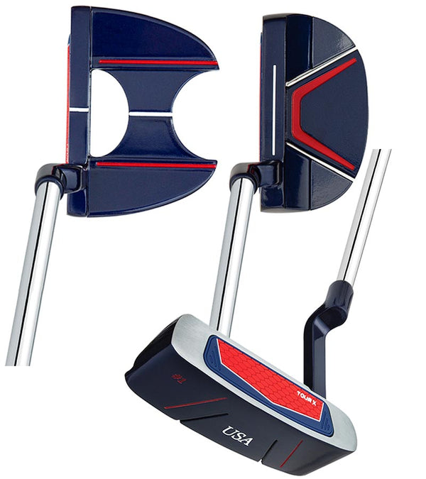 Merchants Of Golf Tour X USA Putters- 3 styles: Blade, Mallet, and Claw in patriotic blue, red & white with stainless steel shafts with alignment guide lines