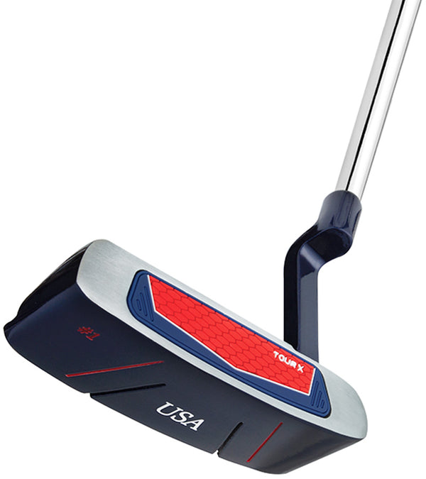 Merchants Of Golf Tour X USA Putters-  Blade style in patriotic blue, red & white with steel shaft, plumber neck hosel side/bottom view