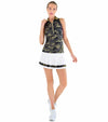 Inphorm Womens Neisha Classic Sleeveless Polo -model- front view in Camo/Black/Golden Green