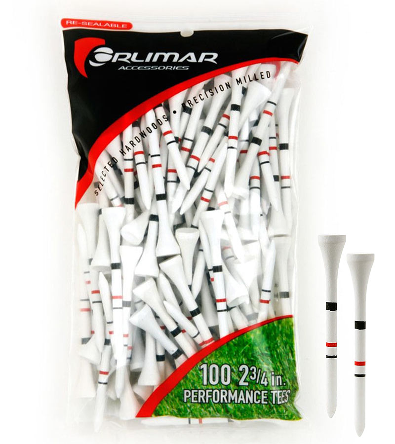 Orlimar 2 ¾” Height Control Golf Tees - 100 Pack - packaging with 2 tees on the right side of the bag