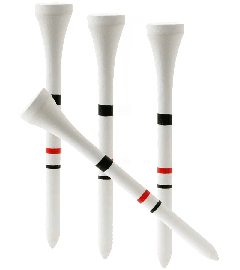 Orlimar 2 ¾” Height Control Golf Tees - 3 tees upright with red and black alignment lines on the tees. 1 Tee crossing the other threes.