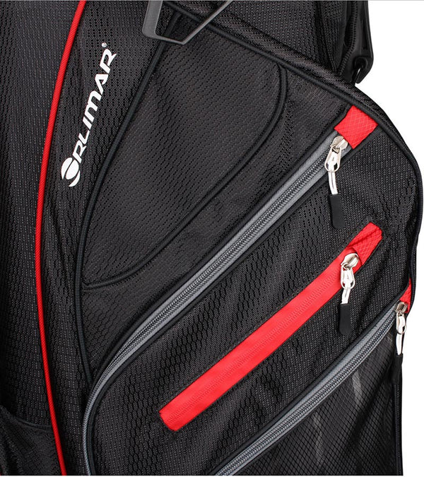 Orlimar SRX 14.9 Stand Golf Bag in Black with red detailing accents- closeup of zippers and pockets 