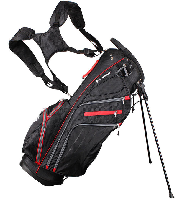 Orlimar SRX 14.9 Stand Golf Bag in Black with red detailing accents- legs extended with carrying harness.