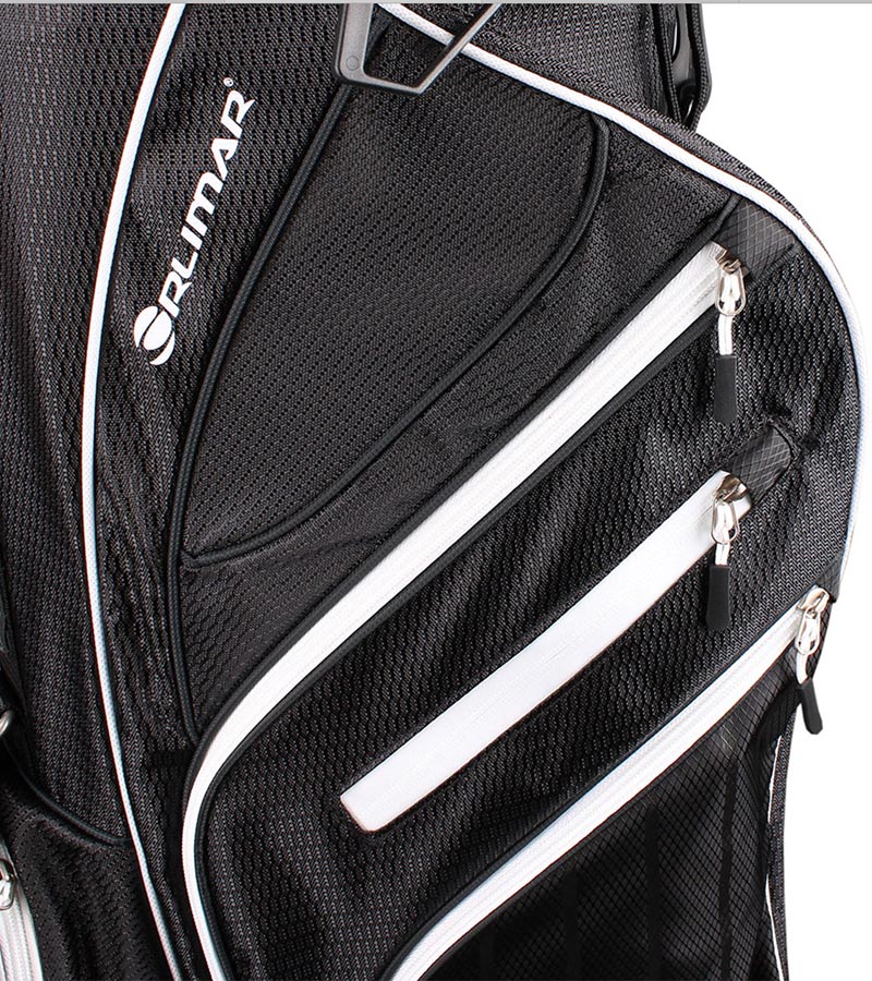 Orlimar SRX 14.9 Stand Golf Bag in Black with white detail/ accents- closeup of pockets & zippers.