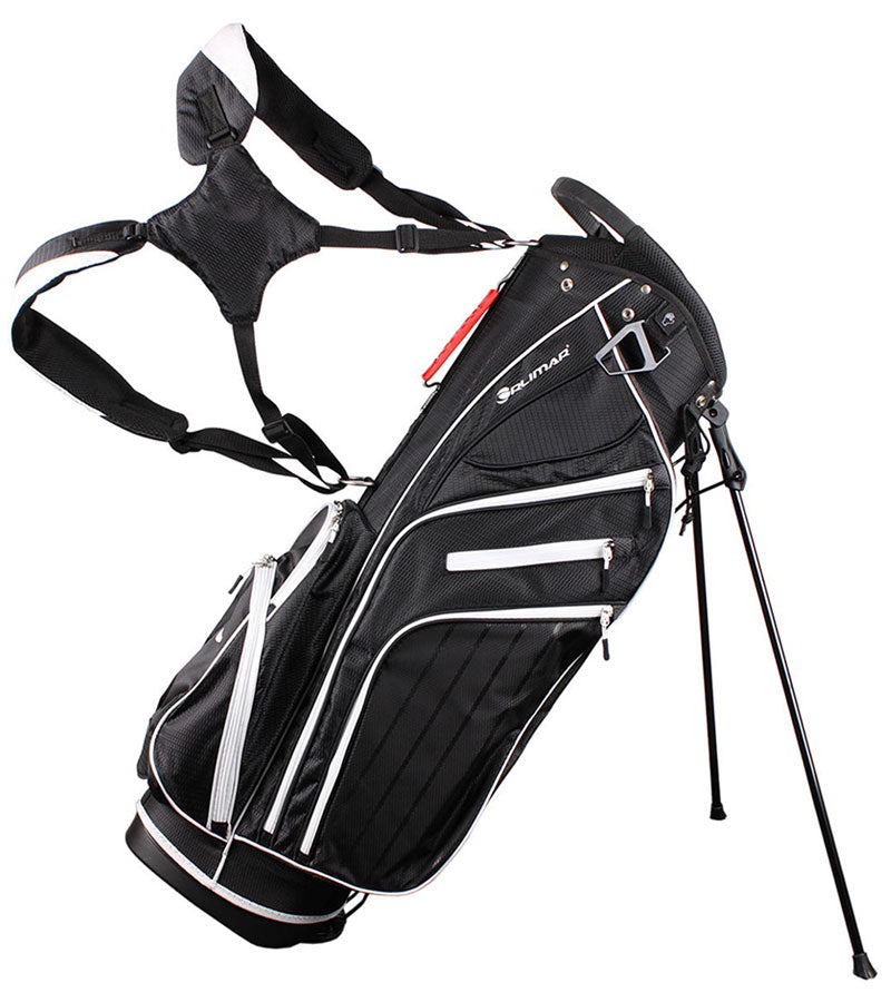 Orlimar SRX 14.9 Stand Golf Bag in Black with white detailing accents- legs extended with carrying harness.