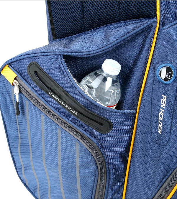 Orlimar SRX 14.9 Stand Golf Bag in Black with yellow detail/ accents- closeup of pockets including the beverage pocket