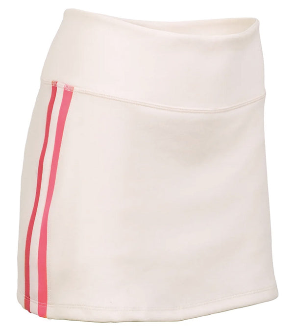 Pirdie Foreplay Skirt  in Dusty Rose  - 3quarter view with  hot pink/ dusty rose/hot pink vertical stripe down the side of the skirt.