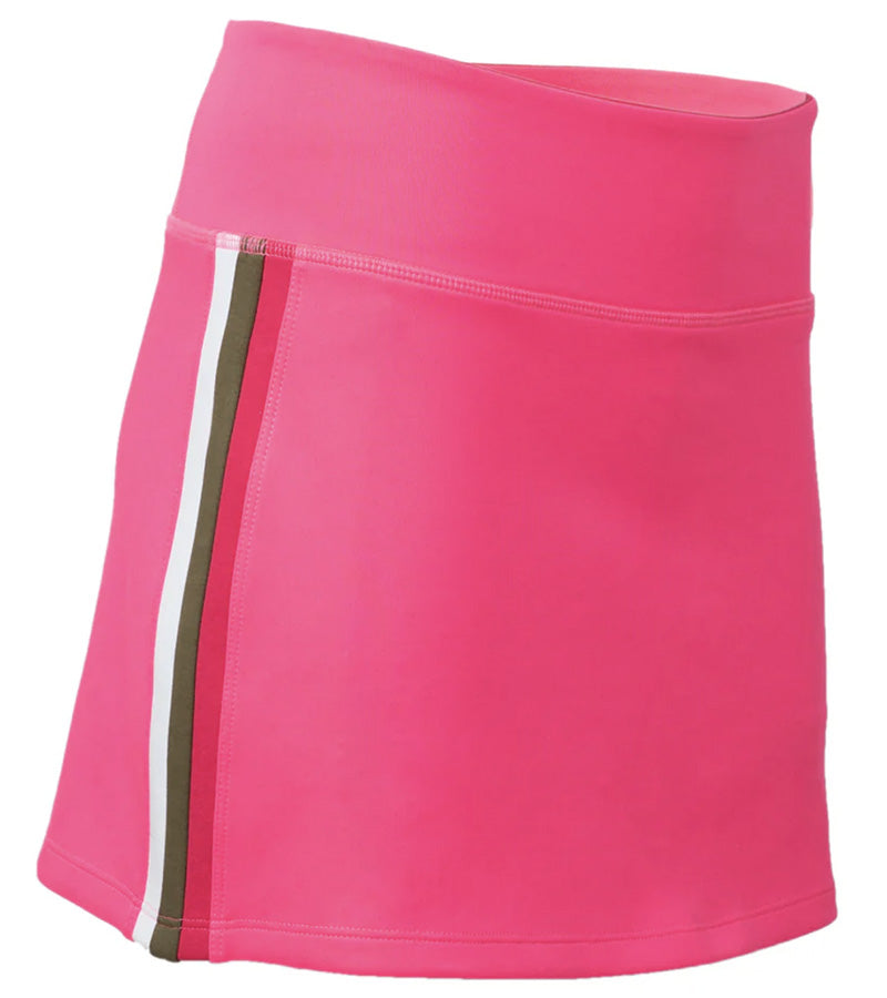 Pirdie Foreplay Skirt  in Hot Pink front view with  white/olive green/ dark pink vertical stripe down the side of the skirt.