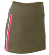 Pirdie Foreplay Skirt  in Olive Green - 3quarter view with white/dark pink/hot pink vertical stripe down the side of the skirt.