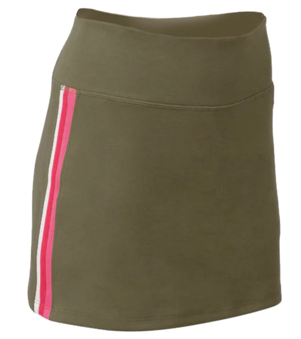 Pirdie Foreplay Skirt  in Olive Green - 3quarter view with white/dark pink/hot pink vertical stripe down the side of the skirt.