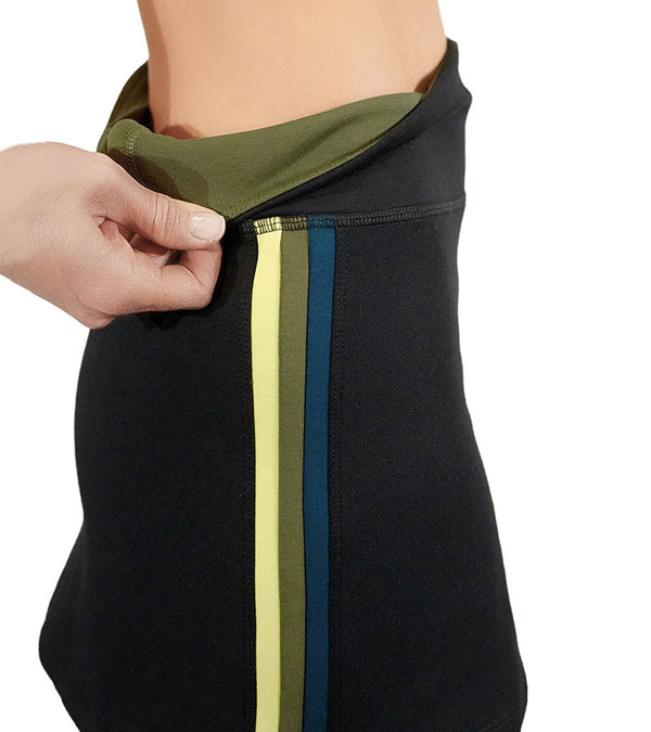 Pirdie Foreplay Skirt in Black- partial model closeup view  of inner waist band color with yellow/olive green/dark  teal vertical stripe down the side of the skirt.