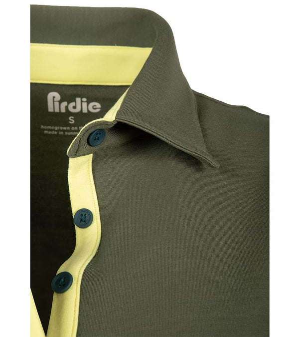 Pirdie June Daly Womens Golf Polo - in Olive Green  - closeup of the yellow accent button placket