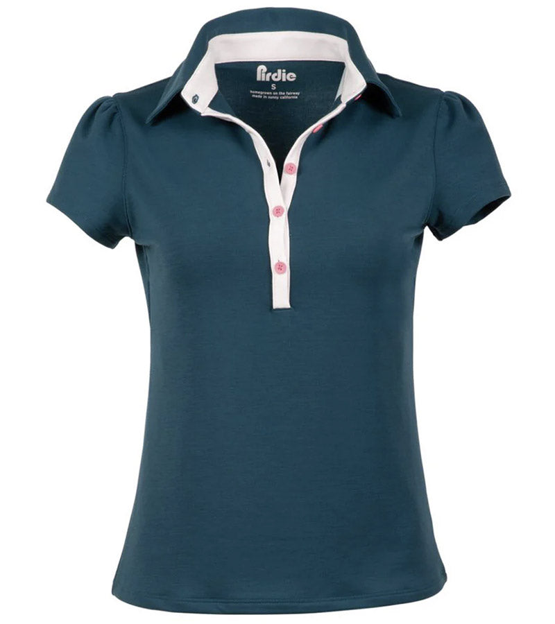 Pirdie June Daly Womens Golf Polo - in Dark Teal  - front view with white accent button placket - 5 pink buttons