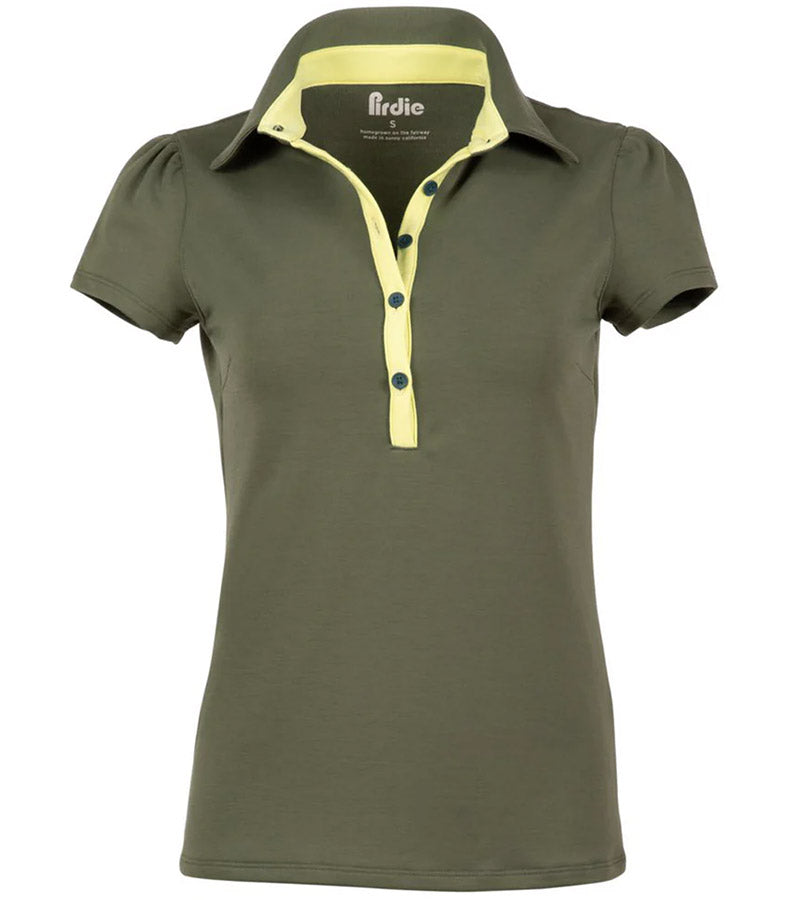 Pirdie June Daly Womens Golf Polo - in Olive Green  -yellow accent button placket