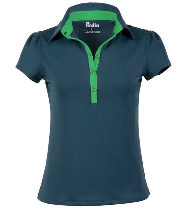 Pirdie June Daly Womens Golf Polo -partial model  in Teal - front view Kelly Green button placket