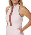 Pirdie Sleeveless Duchess Womens Golf Dress in Dusty Rose-partial models showing front with zipper and neckline and arm holes accented in olive green with coral colored zipper