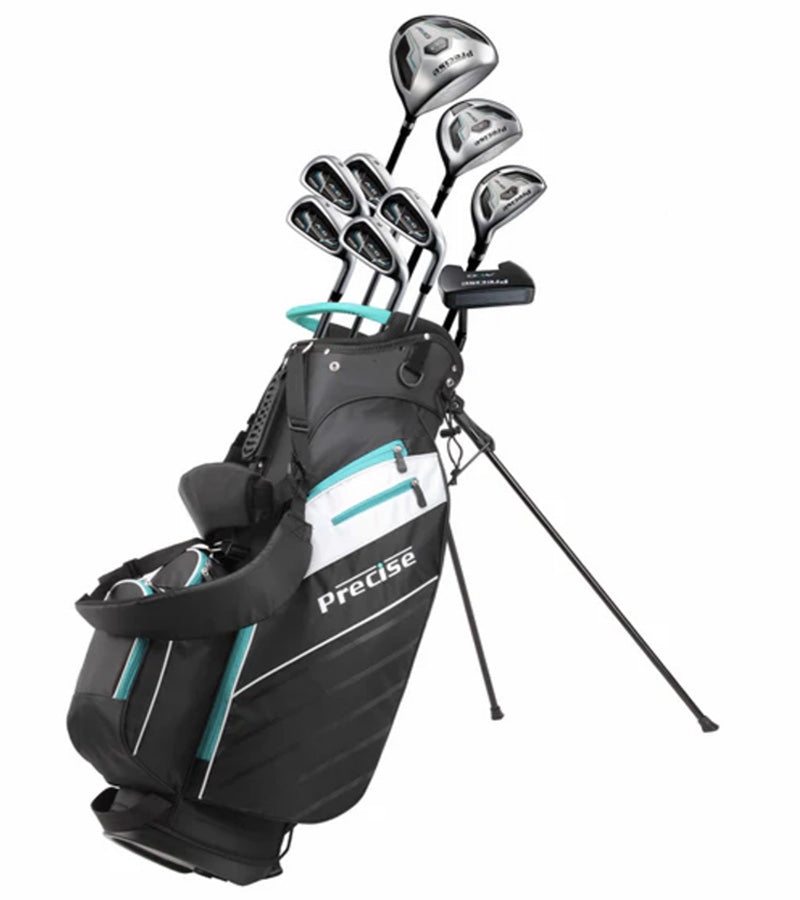 Precise AMG Mens Complete Golf Set  - club blue-stand bag with legs extended in black with white and blue accents