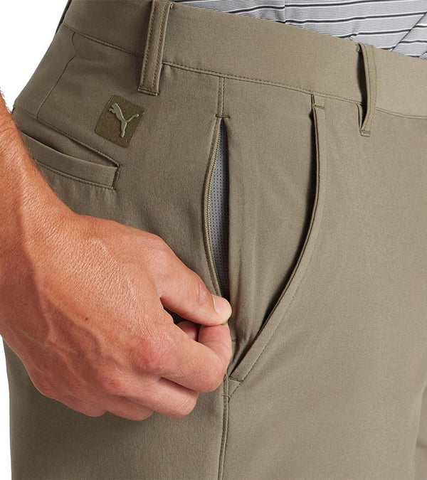 Puma 101 Solid Men’s Golf Shorts Inseam: 7" or 9" in Dark Sage - closeup of side pocket with zipper