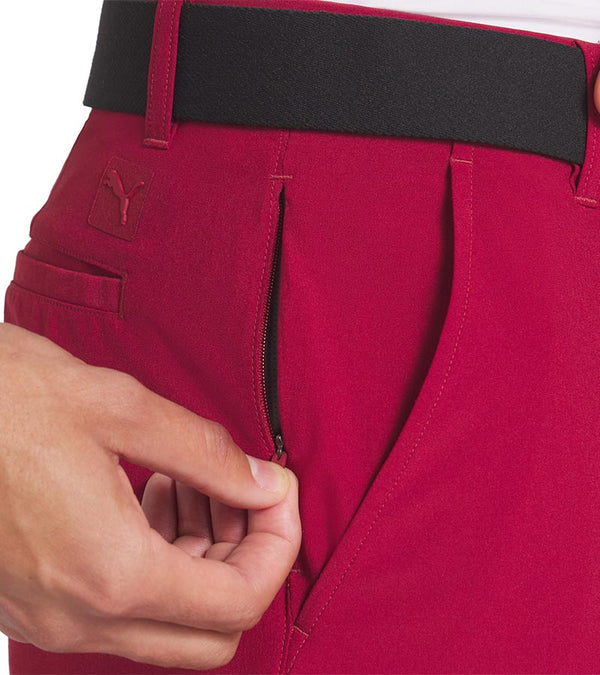 Puma 101 Solid Mens Golf Shorts inseam 7" in Intense Red - closeup side pocket with zipper