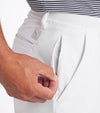 Puma 101 Solid 7" and  9" Mens Golf Shorts in White Glow- closeup pf side pockets with zipper.