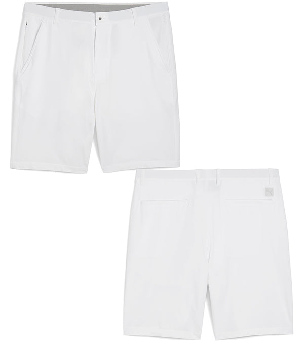 Puma 101 Solid 7" and  9" Mens Golf Shorts in White Glow- front and back view of 9" shorts