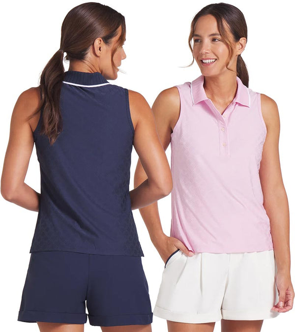 Puma AP Jacquard Sleeveless Women’s Golf Polo- 2 models showing front in Pale Pink and back in Deep Navy