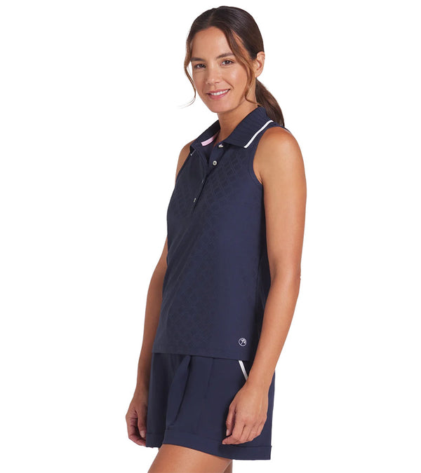 Puma AP Jacquard Sleeveless Women’s Golf Polo in Deep Navy - partial model front view