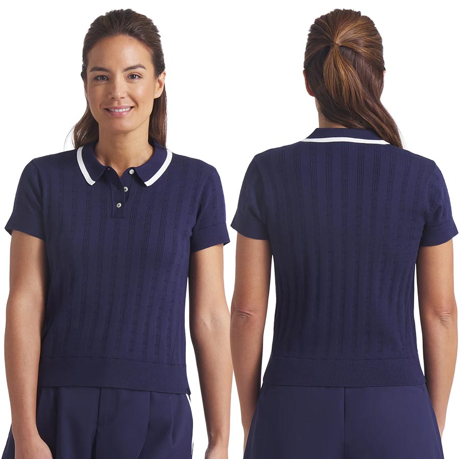 Puma AP Pointelle Women’s Golf Polo in deep navy - partial model front and back views