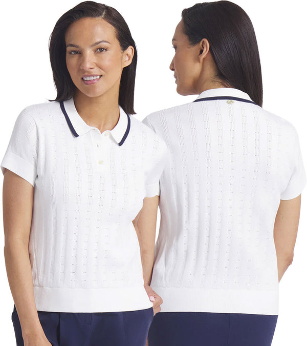 Puma AP Pointelle Women’s Golf Polo in warm white- partial model front and back views