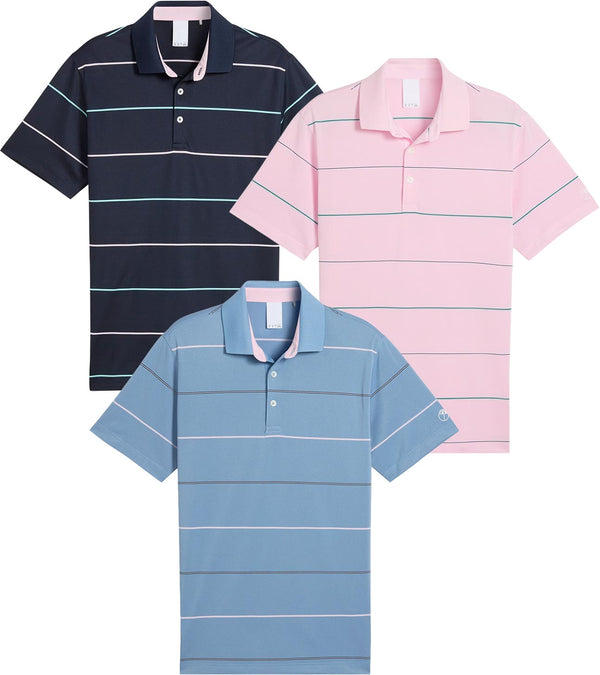 Puma AP Rugby Stripe Mens Golf Polo  in 3 color ways-Zen Blue, Deep Navy & Pale Pink - front views