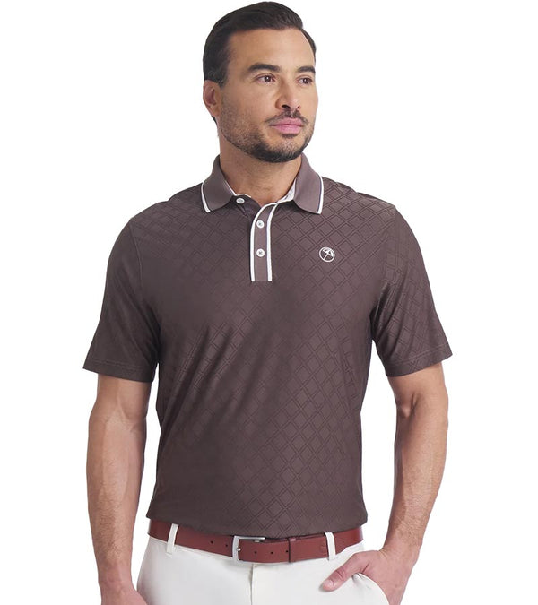 Puma AP Tipped Jacquard Mens Golf Polo in Flat Bronze - partial model front