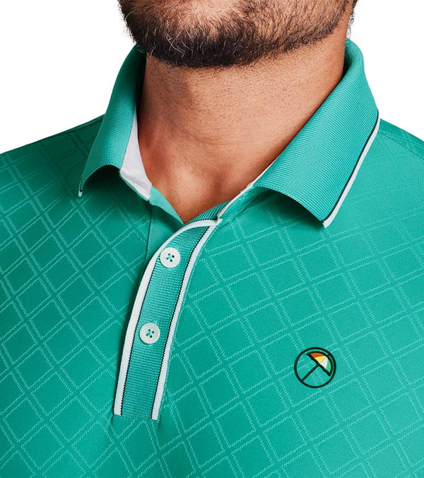 Puma AP Tipped Jacquard Mens Golf Polo in Sparkling Green  - closeup of collar and 3 button placket