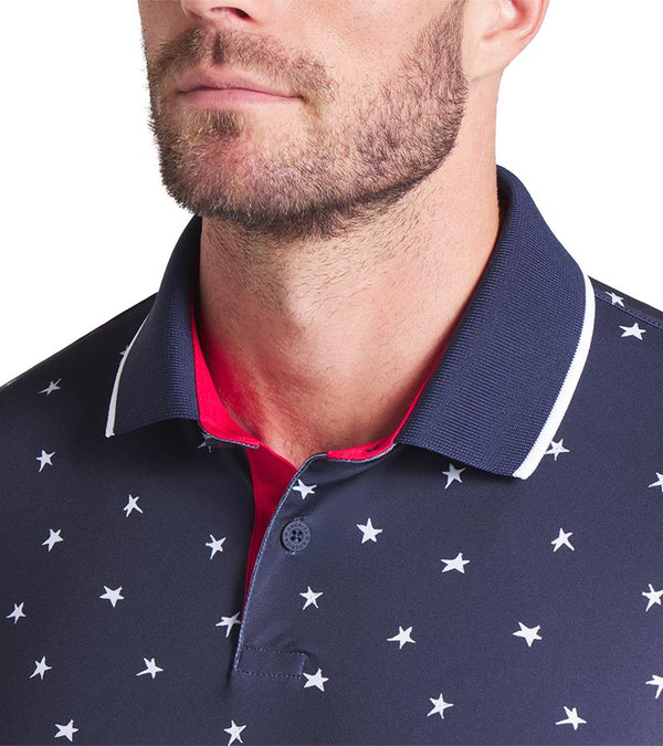 Puma Volition Dancing Stars Mens Golf Polo in Deep Navy - close up of tipped collar and 2 button placket