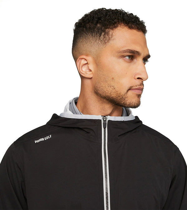 Puma DRYLBL Packable Mens Rain Golf Jacket in Puma Black - closeup of collar & zipper