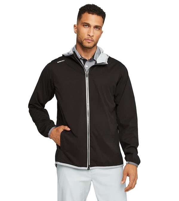 Puma DRYLBL Packable Mens Rain Golf Jacket in Puma Black - model front