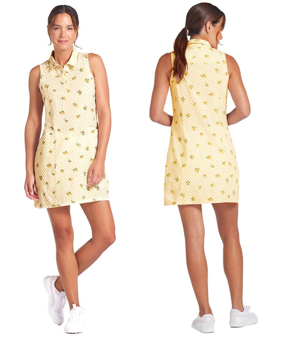 Puma Lemons Woven Womens Golf Dress- 2 models with front & back views in Sunny Yellow, an allover lemon print on a cheerful yellow-and-white checkered background.